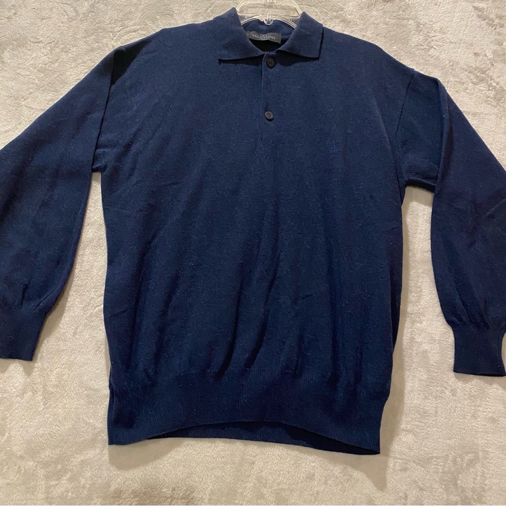 Valentino Jeans Men 2X Blue Polo Wool Blend 1/4 Button Up Long  Made in Italy